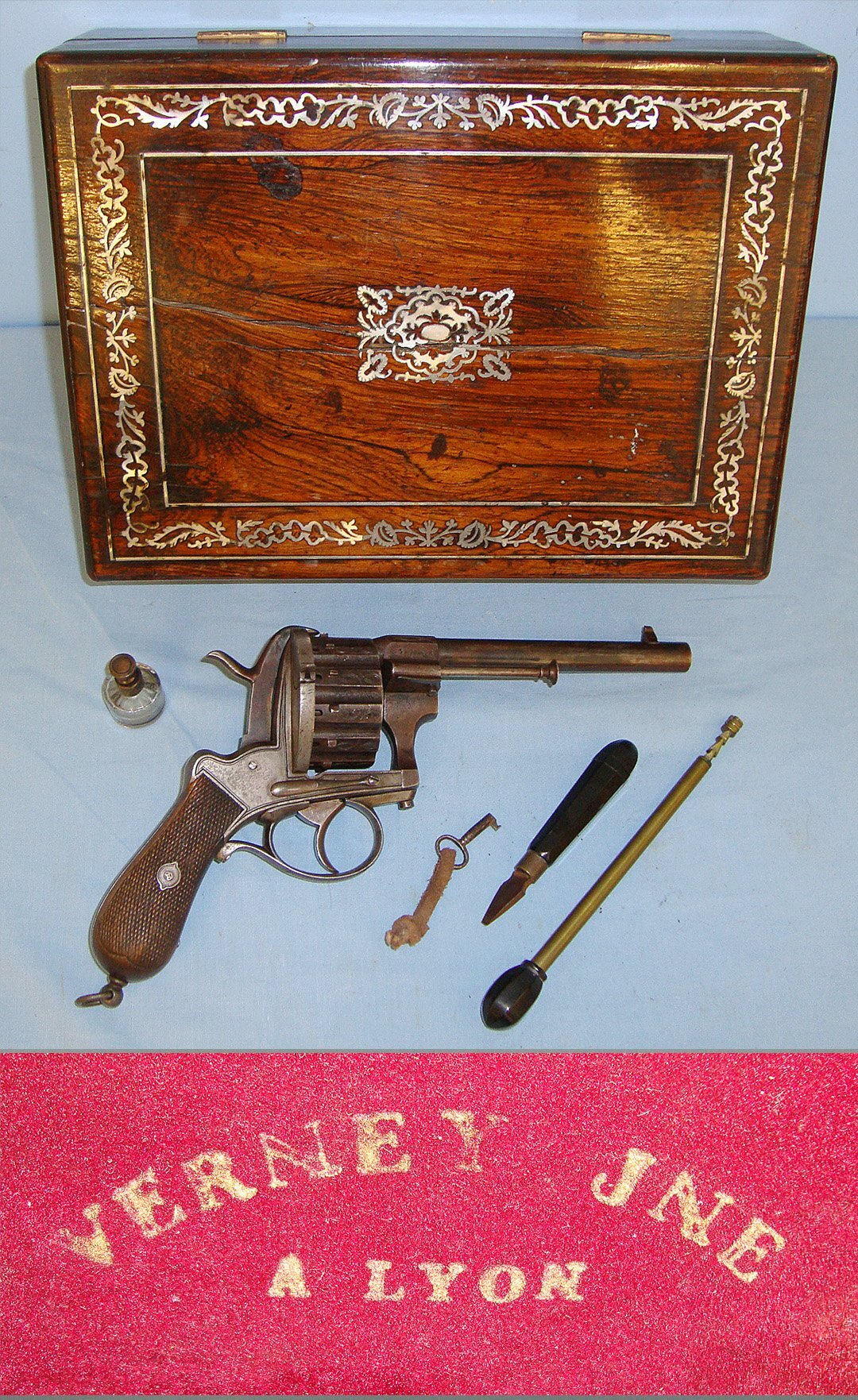 IMPRESSIVE**Verney Jne A Lyon Cased Victorian Era Belgian Liege Large Frame Double Action 12 Shot 9mm, Military Pinfire,  Revolver With Accessories. Sn 16210 12 mm Revolver