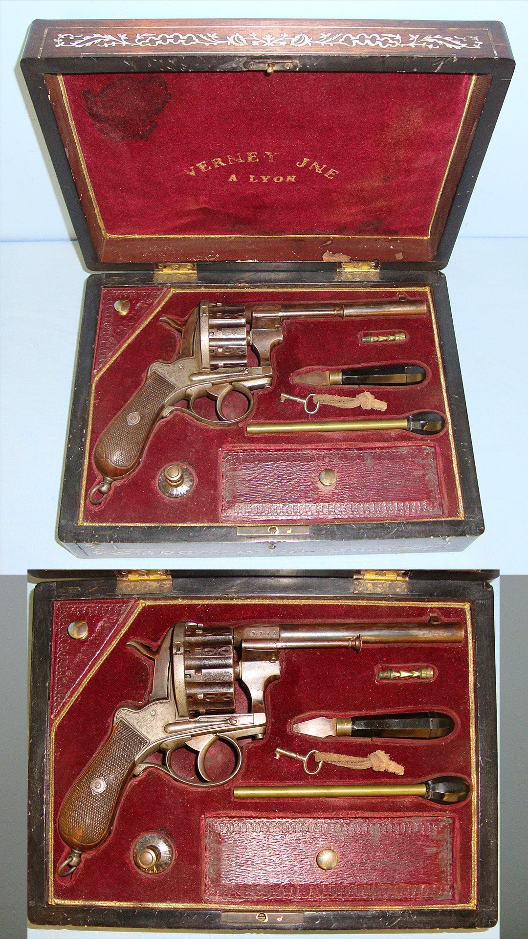  IMPRESSIVE**Verney Jne A Lyon Cased Victorian Era Belgian Liege Large Frame Double Action 12 Shot 9mm, Military Pinfire,  Revolver With Accessories. Sn 16210 12 mm Revolver