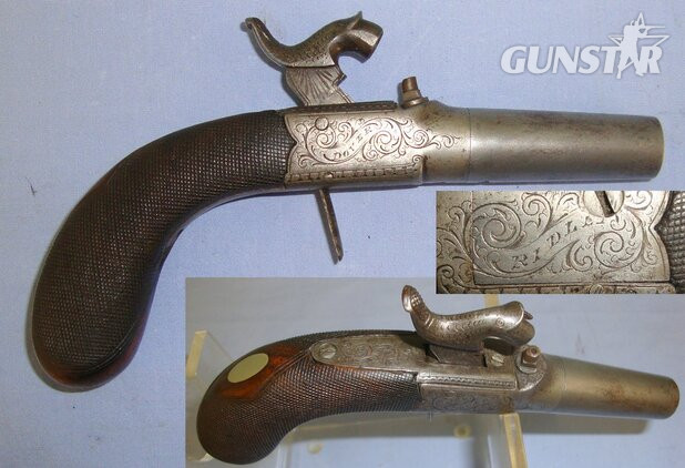 C1840 English Ridley (Ridler or Ridle) Dover 38 Bore Percussion Pocket Pistol With Screw Off Barrel & Concealed Folding Trigger. Sn 21605:3 .38 Muzzleloader in 