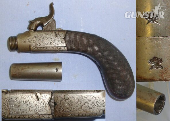 C1840 English Ridley (Ridler or Ridle) Dover 38 Bore Percussion Pocket Pistol With Screw Off Barrel & Concealed Folding Trigger. Sn 21605:3 .38 Muzzleloader