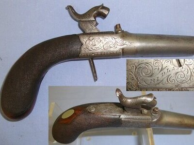 C1840 English Ridley (Ridler or Ridle) Dover 38 Bore Percussion Pocket Pistol With Screw Off Barrel & Concealed Folding Trigger. Sn 21605:3 .38 Muzzleloader
