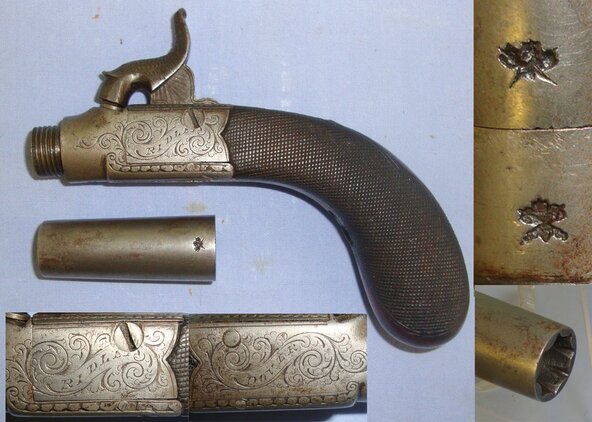 C1840 English Ridley (Ridler or Ridle) Dover 38 Bore Percussion Pocket Pistol With Screw Off Barrel & Concealed Folding Trigger. Sn 21605:3 .38 Muzzleloader