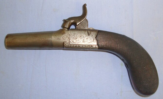  C1840 English Ridley (Ridler or Ridle) Dover 38 Bore Percussion Pocket Pistol With Screw Off Barrel & Concealed Folding Trigger. Sn 21605:3 .38 Muzzleloader
