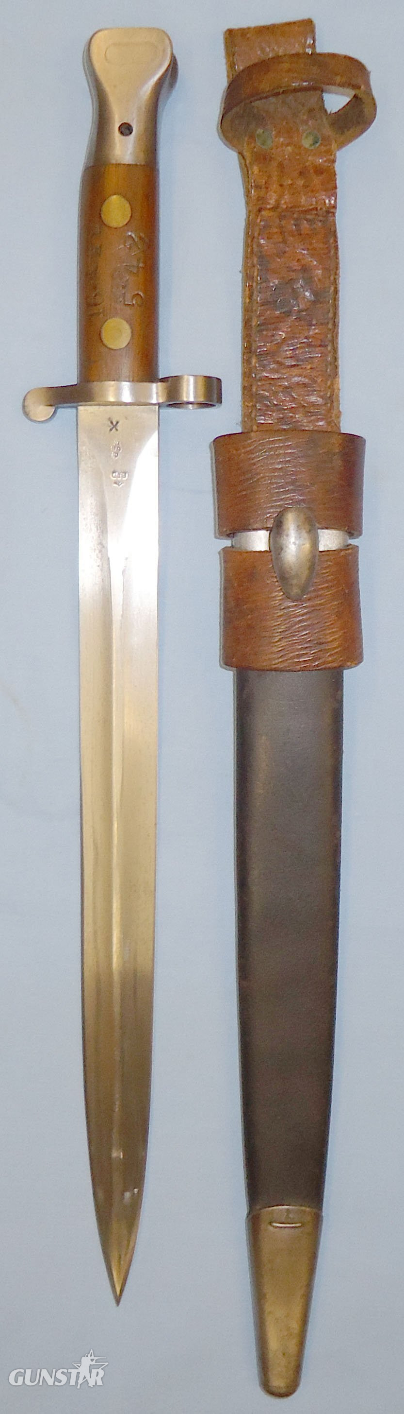 British Regimentally Marked 'Welsh Regiment' 1888 Pattern Mark II Lee Metford Bayonet Scabbard and 1914 Pattern Frog. 22050. Bayonet in 