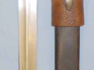 British Regimentally Marked 'Welsh Regiment' 1888 Pattern Mark II Lee Metford Bayonet Scabbard and 1914 Pattern Frog. 22050. Bayonet