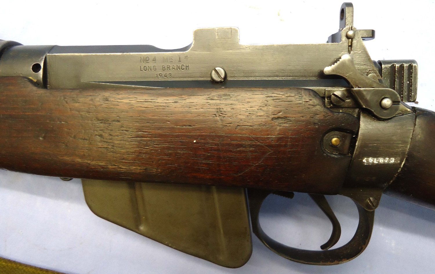 WW2, 1943 Dated, British Army Long Branch Canada No.4 MK 1* .303 Calibre Rifle, Webbing Sling, WW2 Pig Sticker Bayonet & Scabbard. Sn 23800 WW2, 1943 Dated, British Army Long Branch Canada No.4 MK 1* .303 Calibre Rifle, Webbing Sling, WW2 Pig Sticker Bayonet & Scabbard. Sn 23800 Bolt Action Various Rifle 