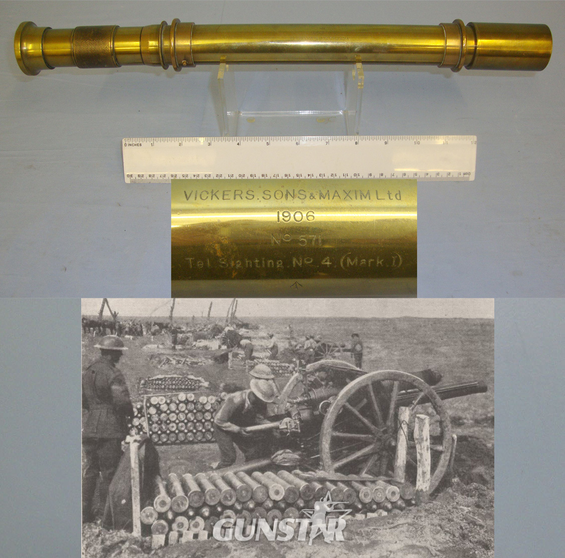 1906 Dated British WD Vickers Sons & Maxim Ltd Telescope Sighting No.4 (Mark 1) Brass 5.5 Magnification Sighting Scope For WW1 18 & 13 Pdr Field Artillery Guns. OPT 797  Sight & Optic in 