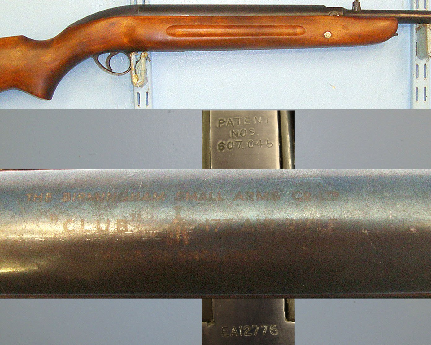 VERY RARE**ONE OF ONLY 14,500** 1st Series, 1st Type, 1950-1954 B.S.A. Club Airsporter .177 Calibre, Under Lever, 'EA' Prefix Serial Number Air Rifle With 1946 Patent Number 607.045 For Piston Head Improvement. Sn 23484:77 air rifle .177