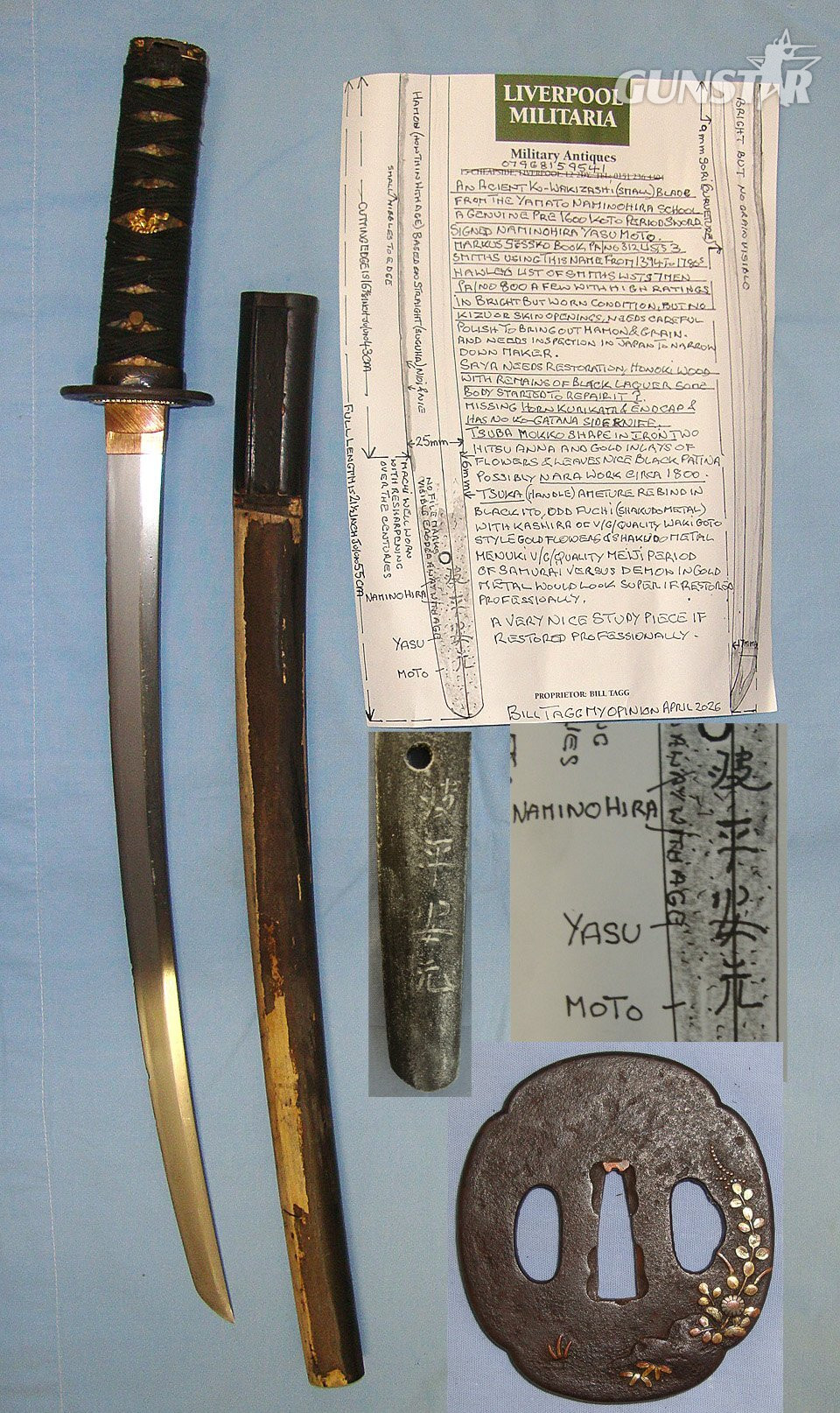 ANCIENT PRE 1600 KOTO PERIOD BLADE**Japanese Yamato Naminohira school Ko (Small) Wakizashi Sword Blade Smith Signed ‘Naminohira Yasu Moto’, Scabbard & Expert Assessment. Sn 23419 Sword in 