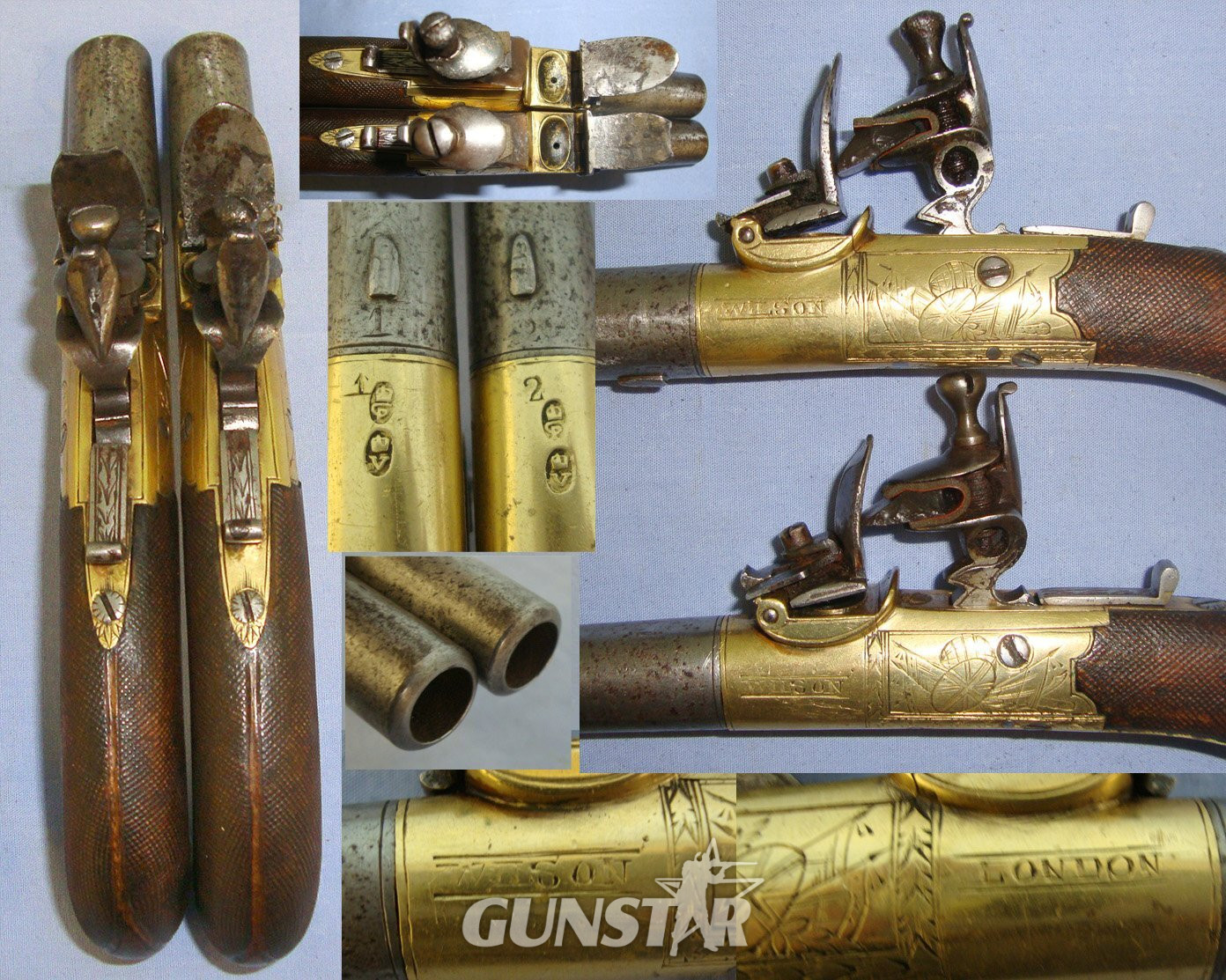 C1800 English Wilson London Pair Of 54 Bore Round Brass Action Flintlock Pocket Pistols With Screw Off Barrels & Folding Concealed Triggers. Sn 21393:48 With Screw Off Barrels & Folding Concealed Triggers. Sn 21393:48 .54 Cal Muzzleloader Muzzleloader in 