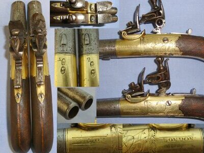 C1800 English Wilson London Pair Of 54 Bore Round Brass Action Flintlock Pocket Pistols With Screw Off Barrels & Folding Concealed Triggers. Sn 21393:48 With Screw Off Barrels & Folding Concealed Triggers. Sn 21393:48 .54 Cal Muzzleloader Muzzleloader