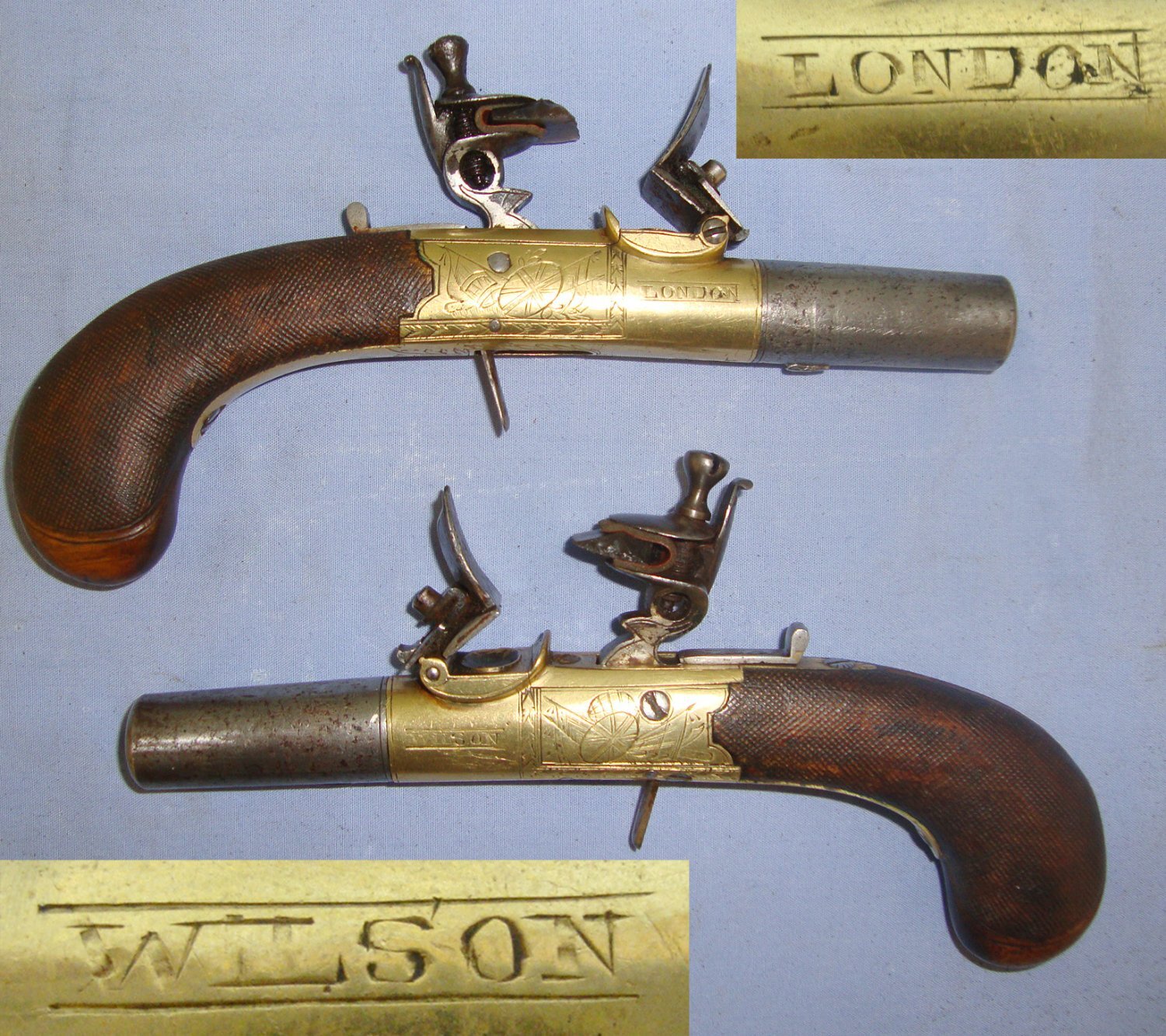C1800 English Wilson London Pair Of 54 Bore Round Brass Action Flintlock Pocket Pistols With Screw Off Barrels & Folding Concealed Triggers. Sn 21393:48 With Screw Off Barrels & Folding Concealed Triggers. Sn 21393:48 .54 Cal Muzzleloader Muzzleloader