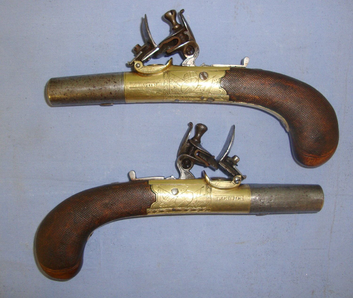  C1800 English Wilson London Pair Of 54 Bore Round Brass Action Flintlock Pocket Pistols With Screw Off Barrels & Folding Concealed Triggers. Sn 21393:48 With Screw Off Barrels & Folding Concealed Triggers. Sn 21393:48 .54 Cal Muzzleloader Muzzleloader