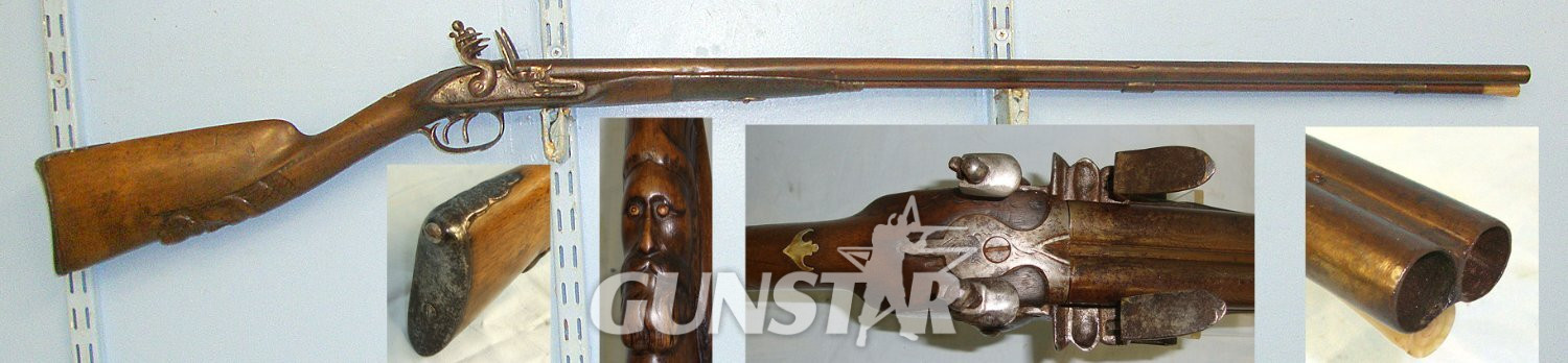 C1750 Continental Form 20 Bore Double Barrel Flintlock Sporting Shotgun With Bearded Mask Carved Stock & Ram Rod. Sn 23639 flintlock shotgun Muzzleloader 20 Bore/gauge in 