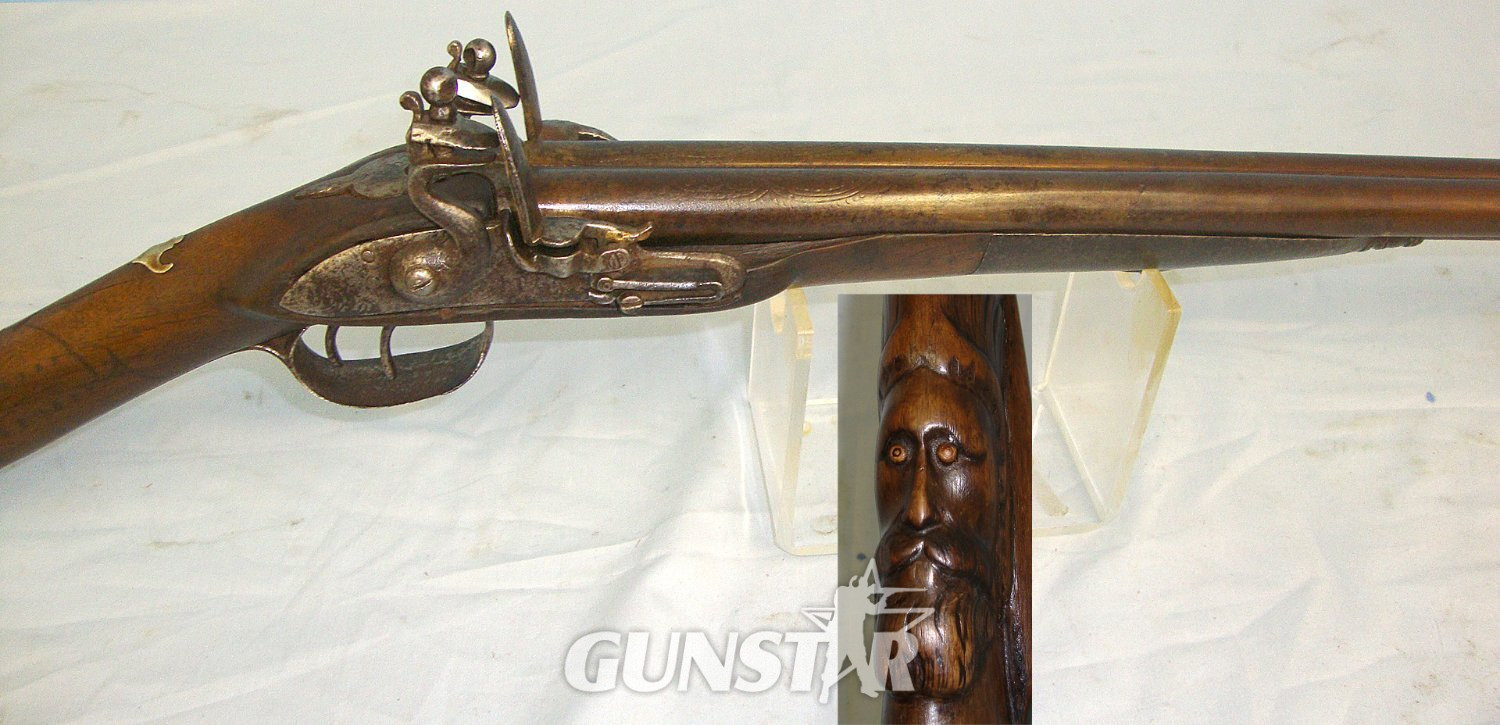 C1750 Continental Form 20 Bore Double Barrel Flintlock Sporting Shotgun With Bearded Mask Carved Stock & Ram Rod. Sn 23639 flintlock shotgun Muzzleloader 20 Bore/gauge