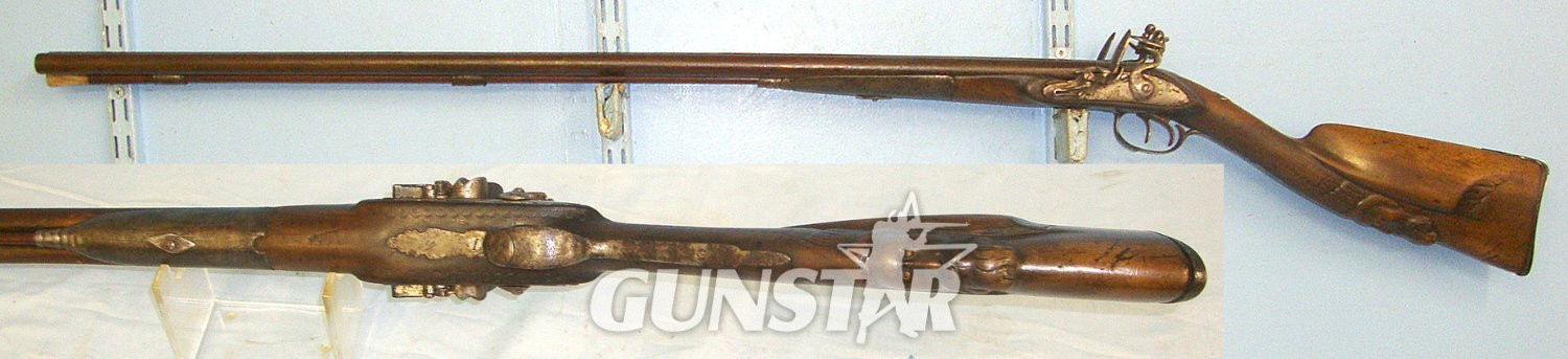  C1750 Continental Form 20 Bore Double Barrel Flintlock Sporting Shotgun With Bearded Mask Carved Stock & Ram Rod. Sn 23639 flintlock shotgun Muzzleloader 20 Bore/gauge