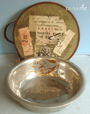 Aluminium Wash Bowl And Leather Bound Carrier Top With Labels To Major F.C. Gree Major F.C. Green, 'M.C.' of the Royal Tank Regiment. Other Accessory