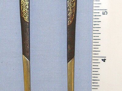 ANCIENT**1700-1750 Japanese Mid Edo Period Gold Inlay Decorated Iron Split Kogai (Wari-Bashi) For Japanese Sword Fittings. ED 3054  Sword