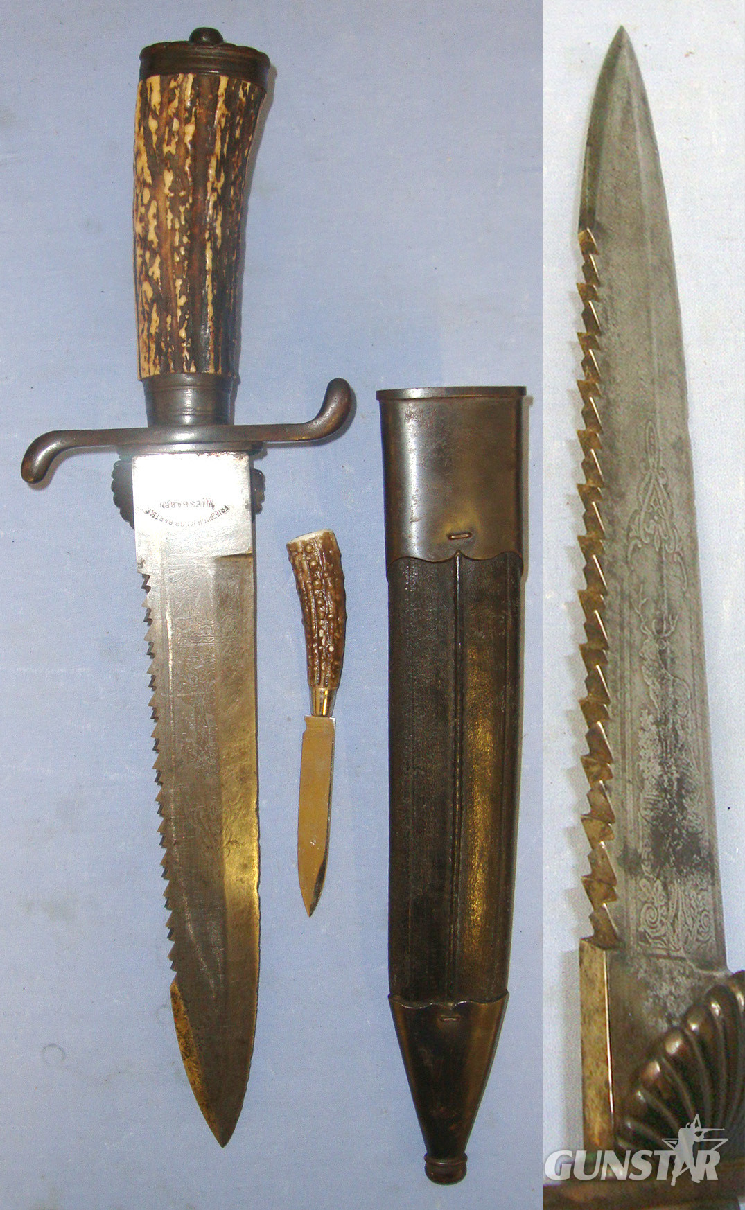  RARE**QUALITY**Late 19th Century Imperial German ‘Friedrich Jacob Bartels Wiesbaden’ Clamshell Boar & Stag Hunting Dagger / Dirk / Sidearm With Hunting Scenes Etched Sawback Blade, Stag Antler Hilt & Original Steel Mounted Leather Scabbard With Skinne Hunting Knive