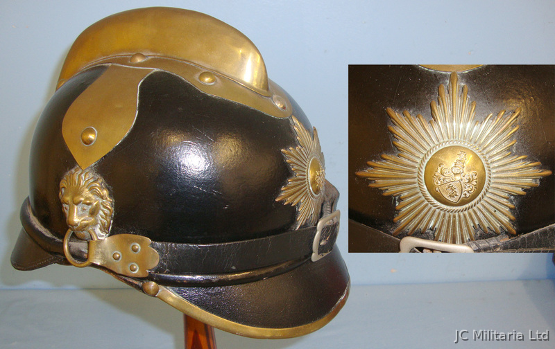WW1 Era Imperial German Pickelhaube Fireman\'s Helmet With Brass Combe, Liner, Chin Strap & Brass Helmet Plate. Clothing in 