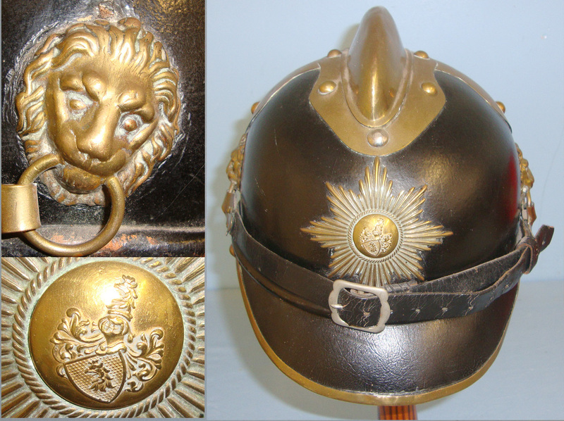 WW1 Era Imperial German Pickelhaube Fireman\'s Helmet With Brass Combe, Liner, Chin Strap & Brass Helmet Plate. Clothing