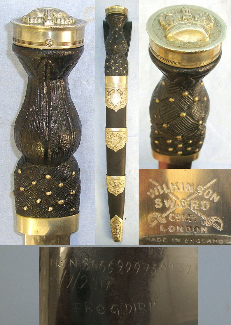LARGE**Post 1952 Wilkinson Sword London Scottish Highland Regiments German Silver Mounted Dirk With Queens Crown Pommel Cap & Scabbard With Patent Leather Belt Hanger. Sn 23484:78   Knive
