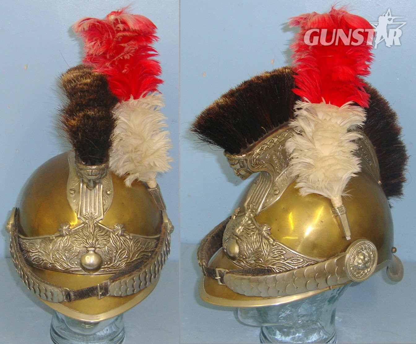 ORNATE**Early 19th Century French Pompiers Fire Fighter Officer’s Brass Helmet With Red & White Feather Plume. HE 853  Antique & Militaria in 