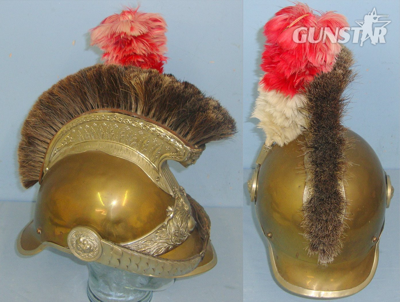  ORNATE**Early 19th Century French Pompiers Fire Fighter Officer’s Brass Helmet With Red & White Feather Plume. HE 853  Antique & Militaria