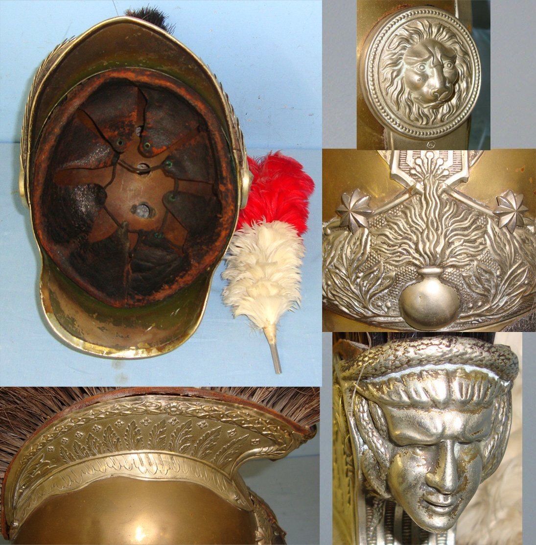 ORNATE**Early 19th Century French Pompiers Fire Fighter Officer’s Brass Helmet With Red & White Feather Plume. HE 853  Antique & Militaria