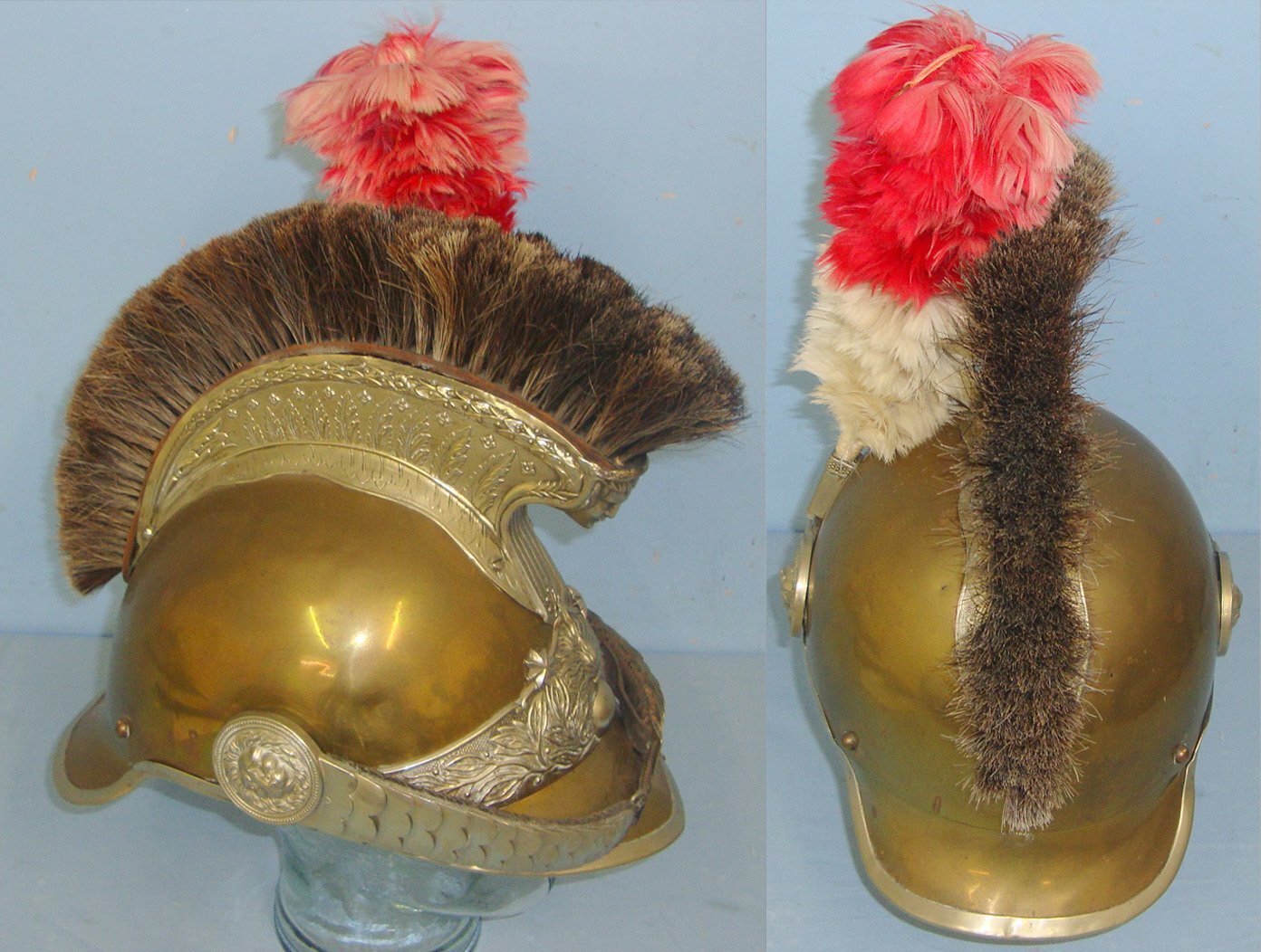  ORNATE**Early 19th Century French Pompiers Fire Fighter Officer’s Brass Helmet With Red & White Feather Plume. HE 853  Antique & Militaria