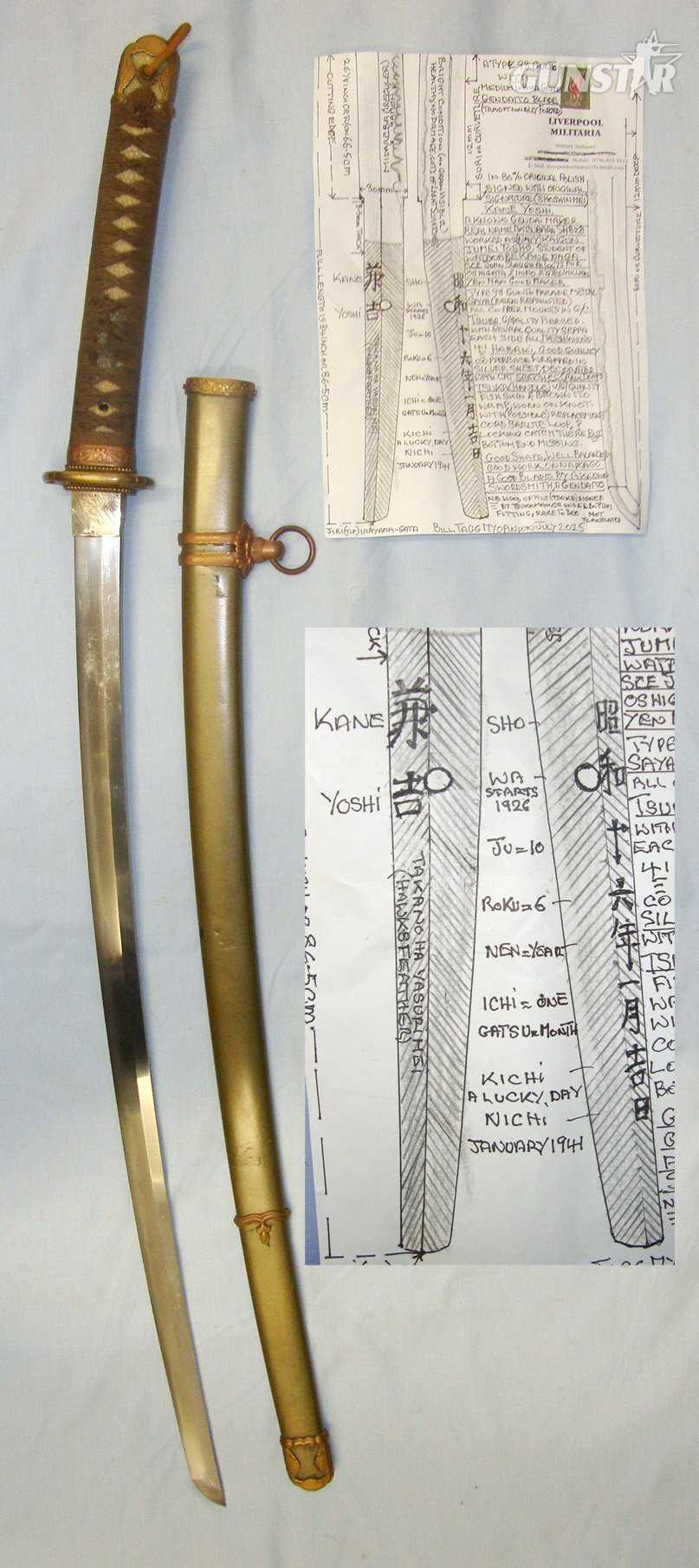 WW2 JANUARY 1941 LUCKY DAY**Japanese Army Officer’s Type 98 Gunto Gendaito Traditionally Hand Forged Katana Sword With Smith Signed & Dated Tang ‘KANE YOSHI’, With Rare To See Signed Tsuka Hilt, Scabbard & Expert Assessment. Sn 22732 Sword