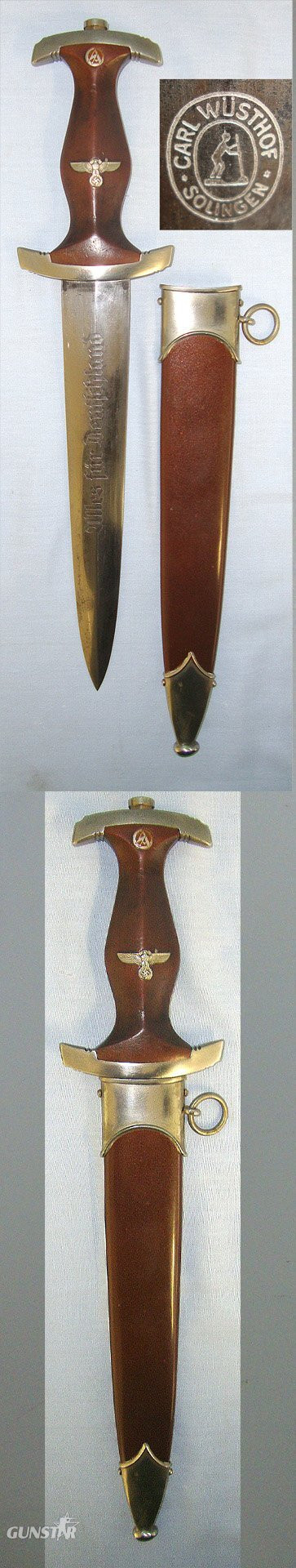 EARLY PRODUCTION**ORIGINAL**Nazi German 1933 Pattern SA Dagger By Carl Wusthof (Gladiatorwerk) Solingen (Rarity Value 6) To The ‘Nm’ SA Nordmark Group (Hamburg) With Scabbard. Sn 23210 Dagger in 