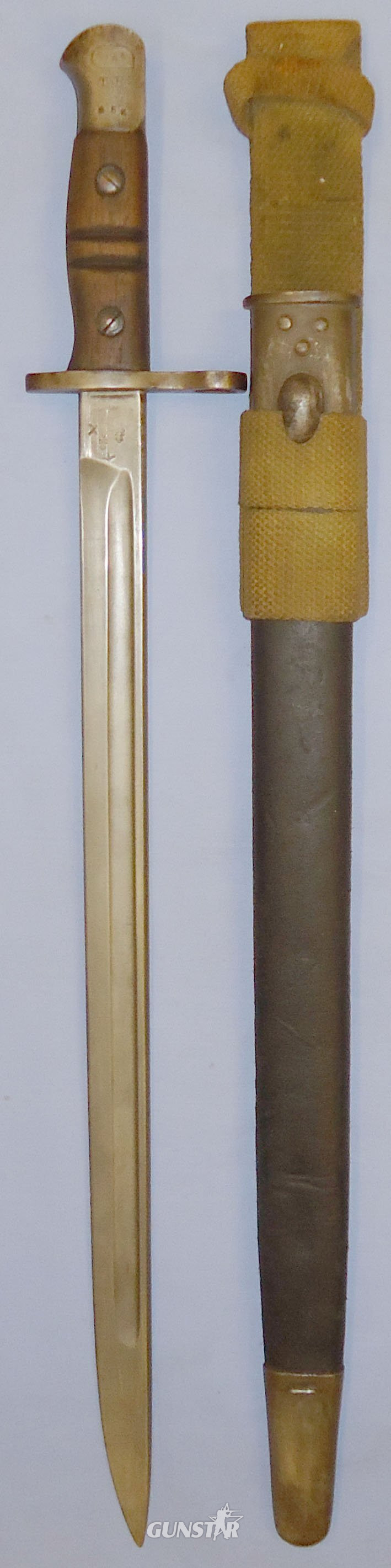 WWI British ‘P13’ Sword, Bayonet and Scabbard and Dated M.E.Co Webbing Frog. 11523:5 Bayonet in 