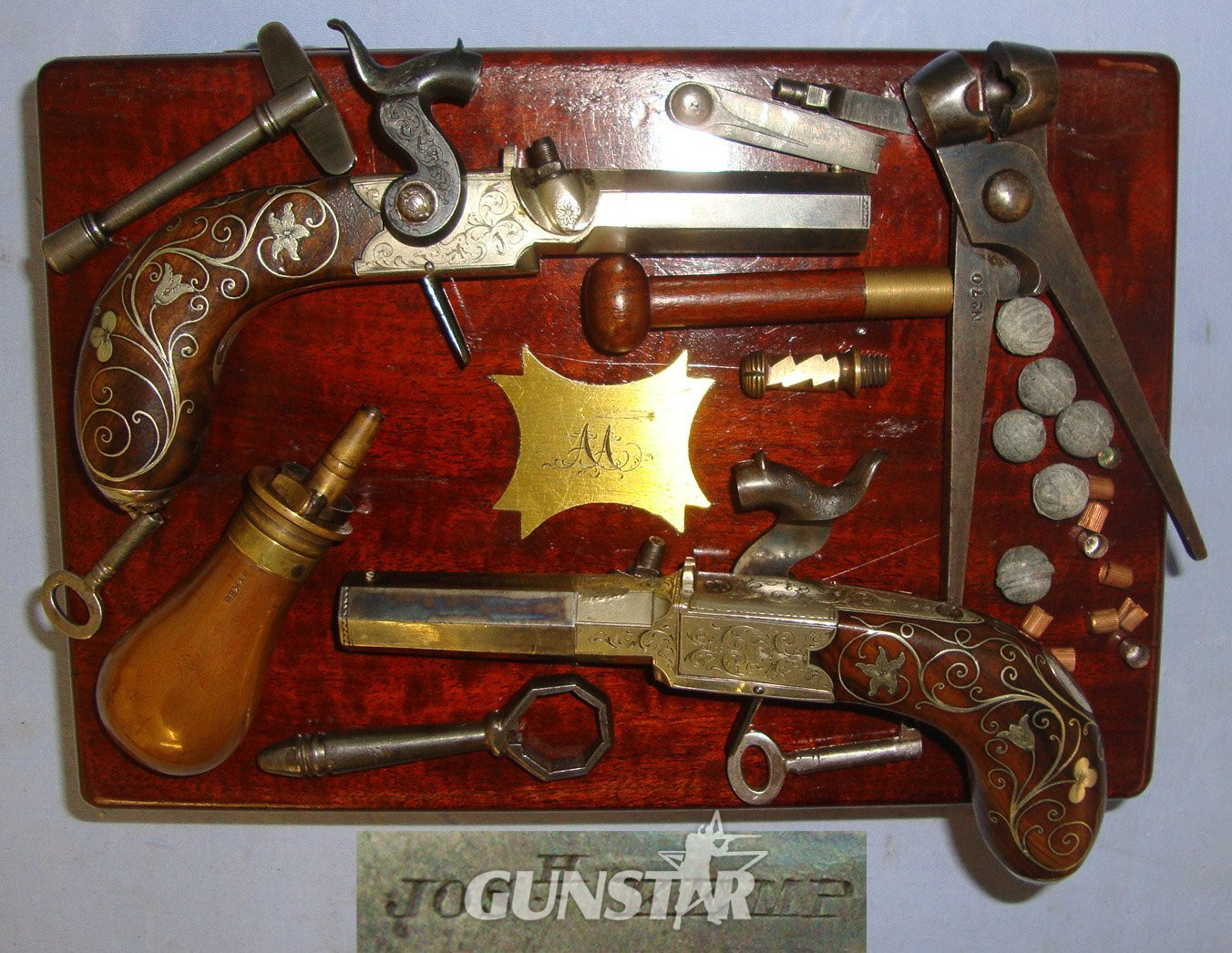 QUALITY**ORNATE SILVER MOUNTED**C1841-1849 Cased Pair Of English Joseph Kemp London 80 Bore Percussion Pocket Pistols  With English Proofs, Turn Off Barrels & Original Accessories. Sn 22967:1 None Muzzleloader in 
