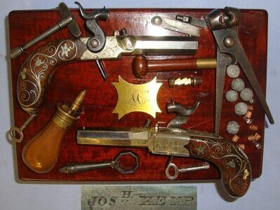 QUALITY**ORNATE SILVER MOUNTED**C1841-1849 Cased Pair Of English Joseph Kemp London 80 Bore Percussion Pocket Pistols  With English Proofs, Turn Off Barrels & Original Accessories. Sn 22967:1 None Muzzleloader