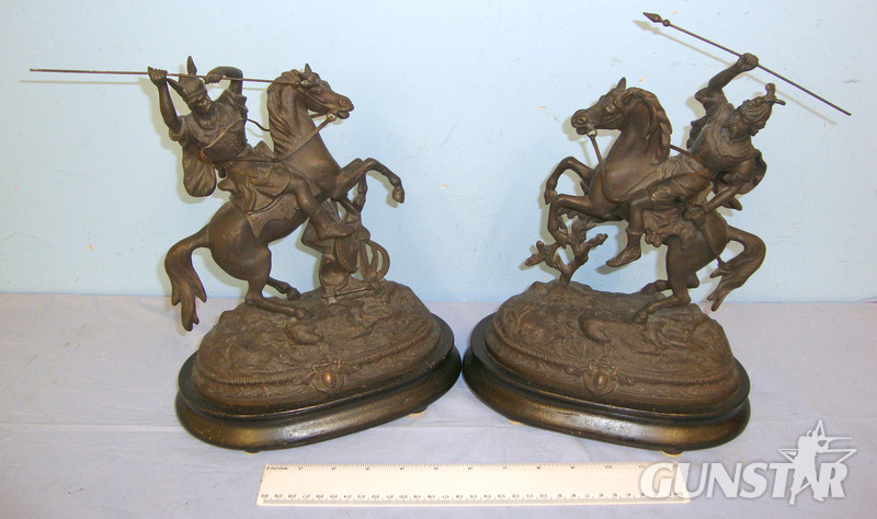 C1870 Pair Of Spelter German / Wagnerian Tradition Teutonic Warriors On Horseback In Combat Poses On Wooden Plinth Base  Antique & Militaria in 