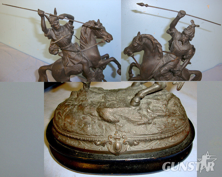 C1870 Pair Of Spelter German / Wagnerian Tradition Teutonic Warriors On Horseback In Combat Poses On Wooden Plinth Base  Antique & Militaria