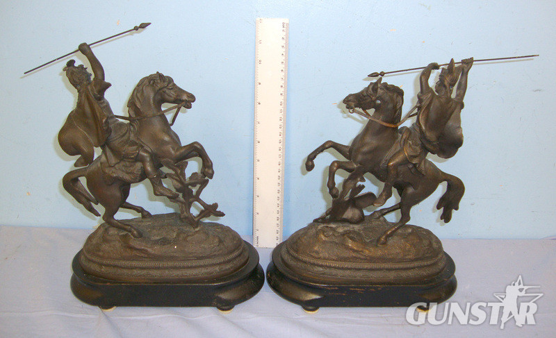  C1870 Pair Of Spelter German / Wagnerian Tradition Teutonic Warriors On Horseback In Combat Poses On Wooden Plinth Base  Antique & Militaria