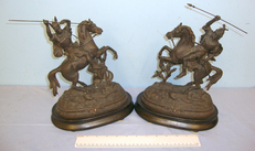 C1870 Pair Of Spelter German / Wagnerian Tradition Teutonic Warriors On Horseback In Combat Poses On Wooden Plinth Base  Antique & Militaria