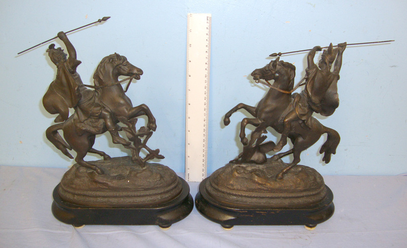  C1870 Pair Of Spelter German / Wagnerian Tradition Teutonic Warriors On Horseback In Combat Poses On Wooden Plinth Base  Antique & Militaria