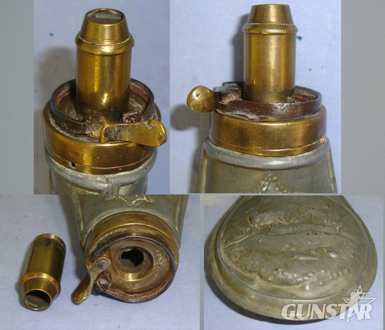 C1800’s Gun Size Embossed Hunting Dog / Deer Scene Pewter Black Powder Flask with Sprung Brass Nozzle Charger. MISC 839  Magazine