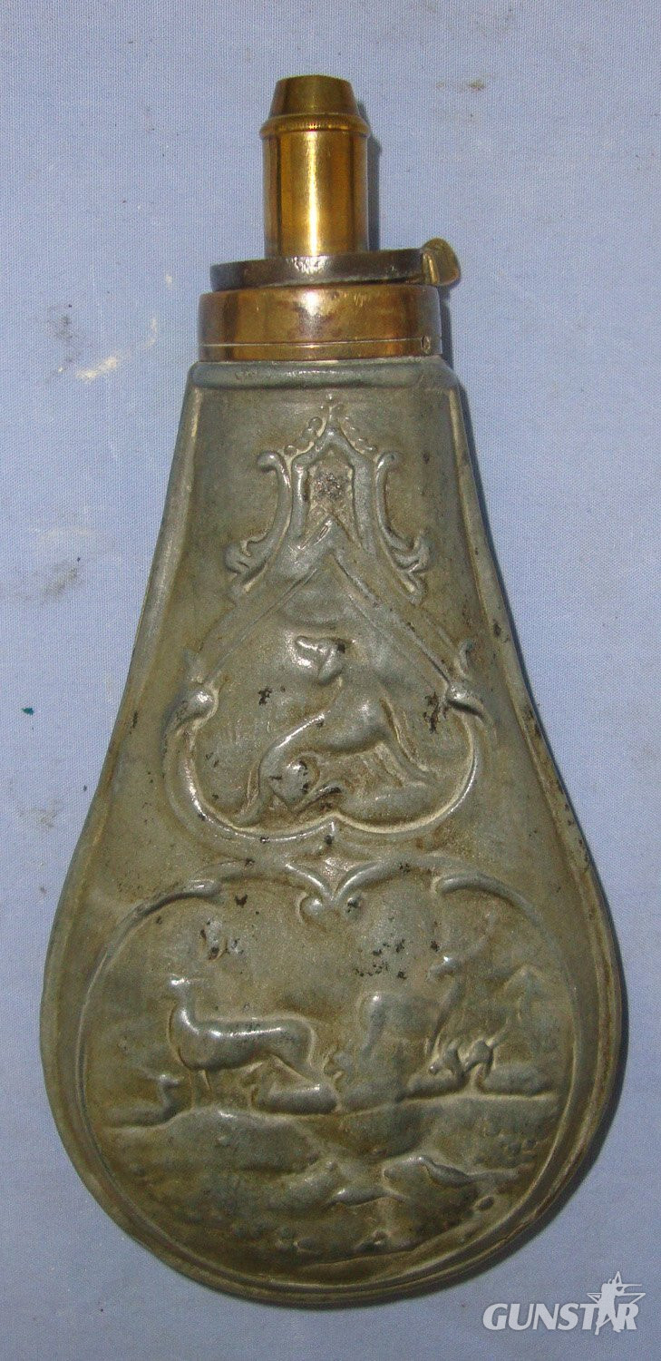  C1800’s Gun Size Embossed Hunting Dog / Deer Scene Pewter Black Powder Flask with Sprung Brass Nozzle Charger. MISC 839  Magazine
