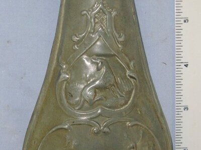 C1800’s Gun Size Embossed Hunting Dog / Deer Scene Pewter Black Powder Flask with Sprung Brass Nozzle Charger. MISC 839  Magazine
