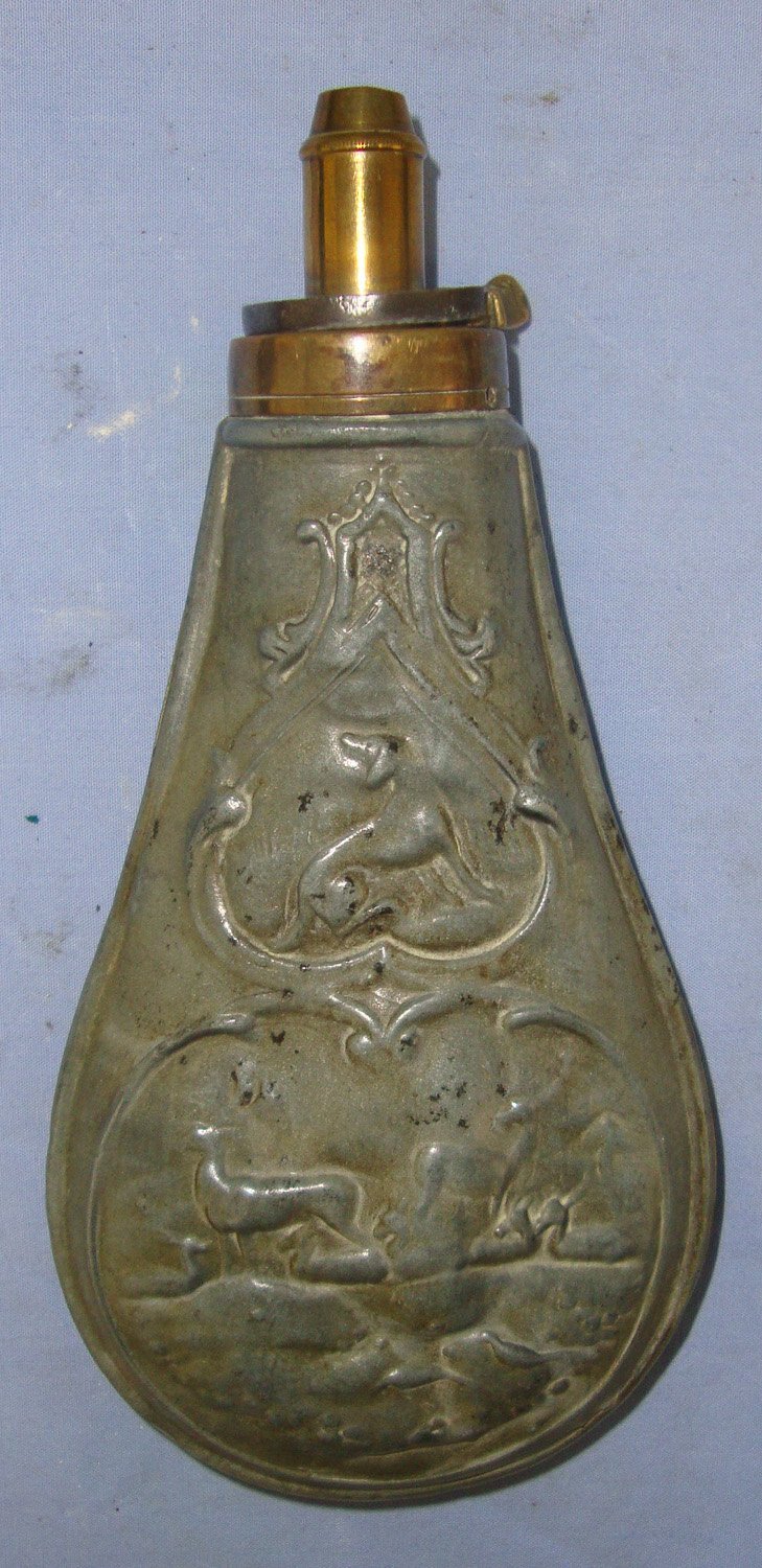  C1800’s Gun Size Embossed Hunting Dog / Deer Scene Pewter Black Powder Flask with Sprung Brass Nozzle Charger. MISC 839  Magazine