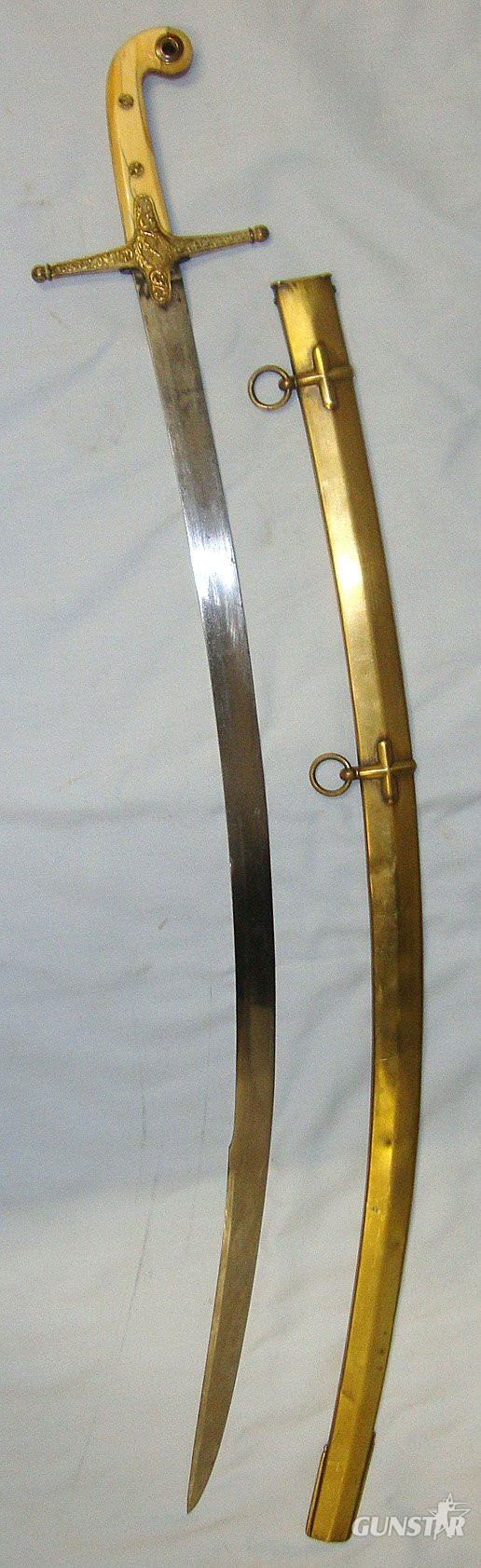  Victorian British Mameluke Pattern 1831 Officer's Sword With Ornate Brass Hilt Frame, Polished Bone Scales & Scabbard. Sn 23057 Sword