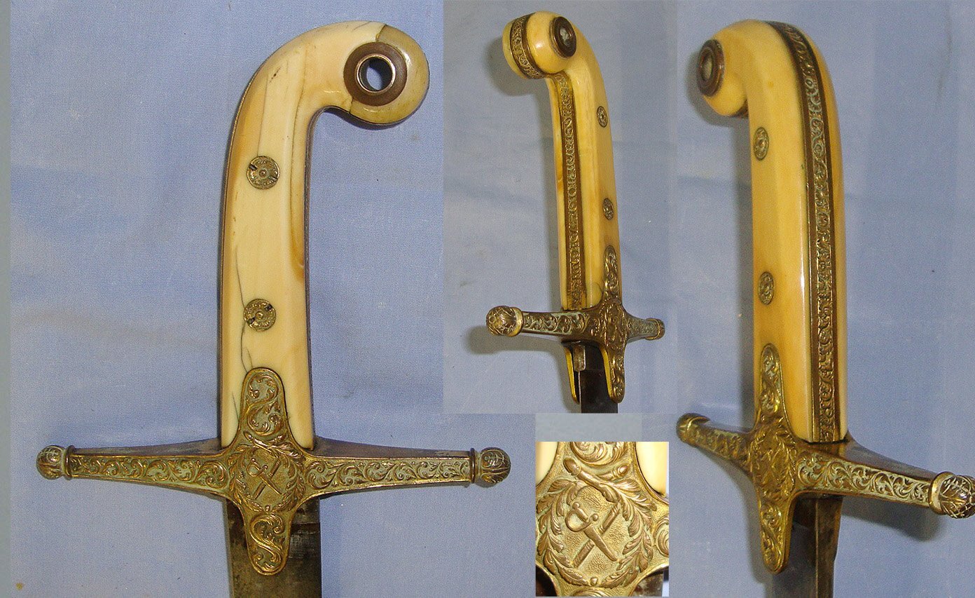 Victorian British Mameluke Pattern 1831 Officer's Sword With Ornate Brass Hilt Frame, Polished Bone Scales & Scabbard. Sn 23057 Sword