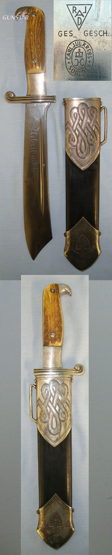 WW2 Era Nazi German Reichsarbeitsdienst RAD Hewer by Krebs solingen sn 23248 Dagger in 