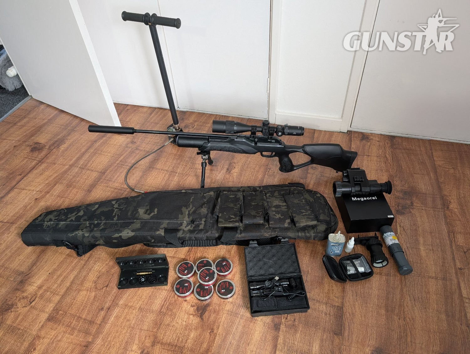 Walther Rm8 full set up it's sub 12 using a weirache silencer, discovery scope bi pod night vishion,7 tubs of pellets  plus the pump to fill it up shoots amazing  .177 in 