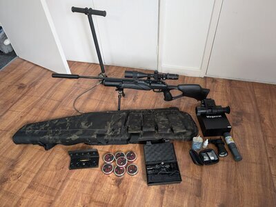 Walther Rm8 full set up it's sub 12 using a weirache silencer, discovery scope bi pod night vishion,7 tubs of pellets  plus the pump to fill it up shoots amazing  .177