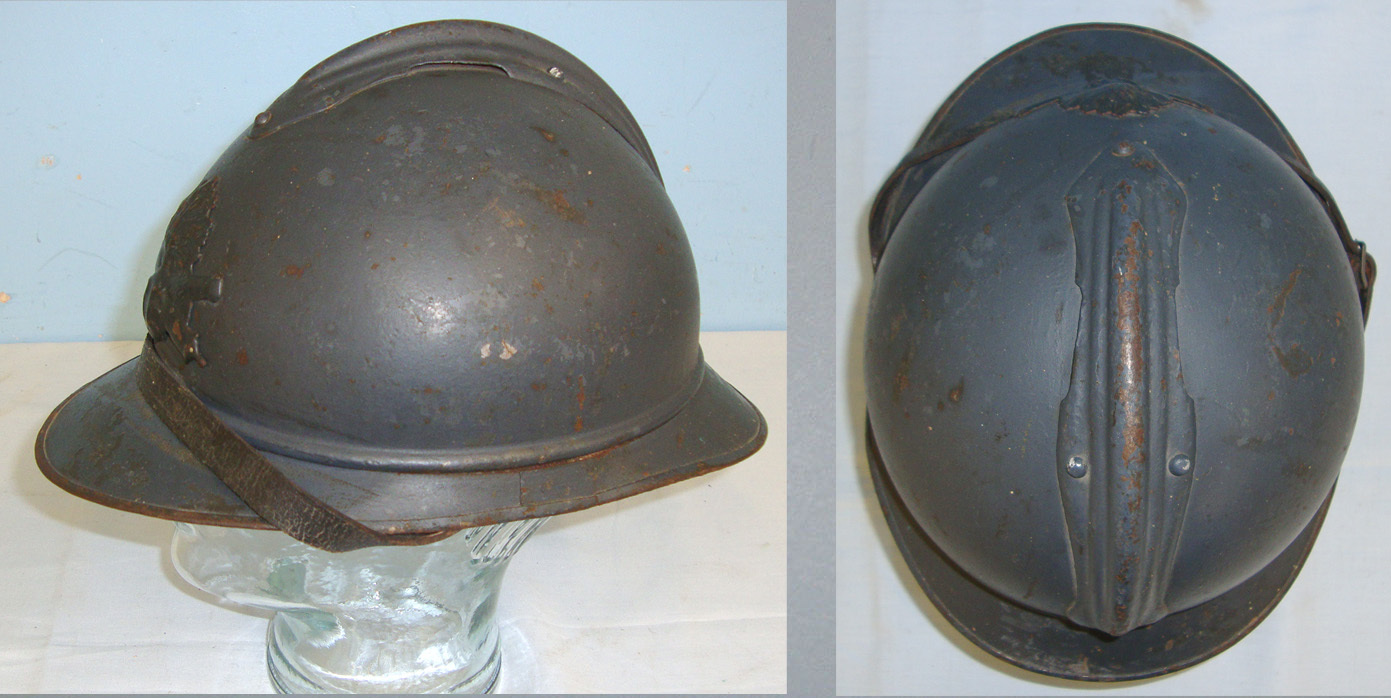  WW1 & WW2 French Artillery M15 Adrian Combat Helmet With \'RF\' (République Française) Infantry Helmet Badge & Liner. HE 840  Clothing